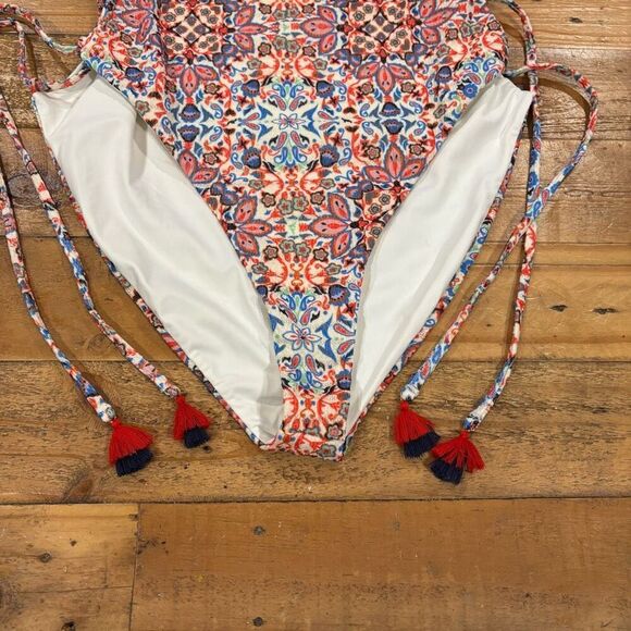 JMP the Label Negril Swimsuit Paisley Crinkle Side Ties Blue Orange 3XL NWT - Picture 6 of 9